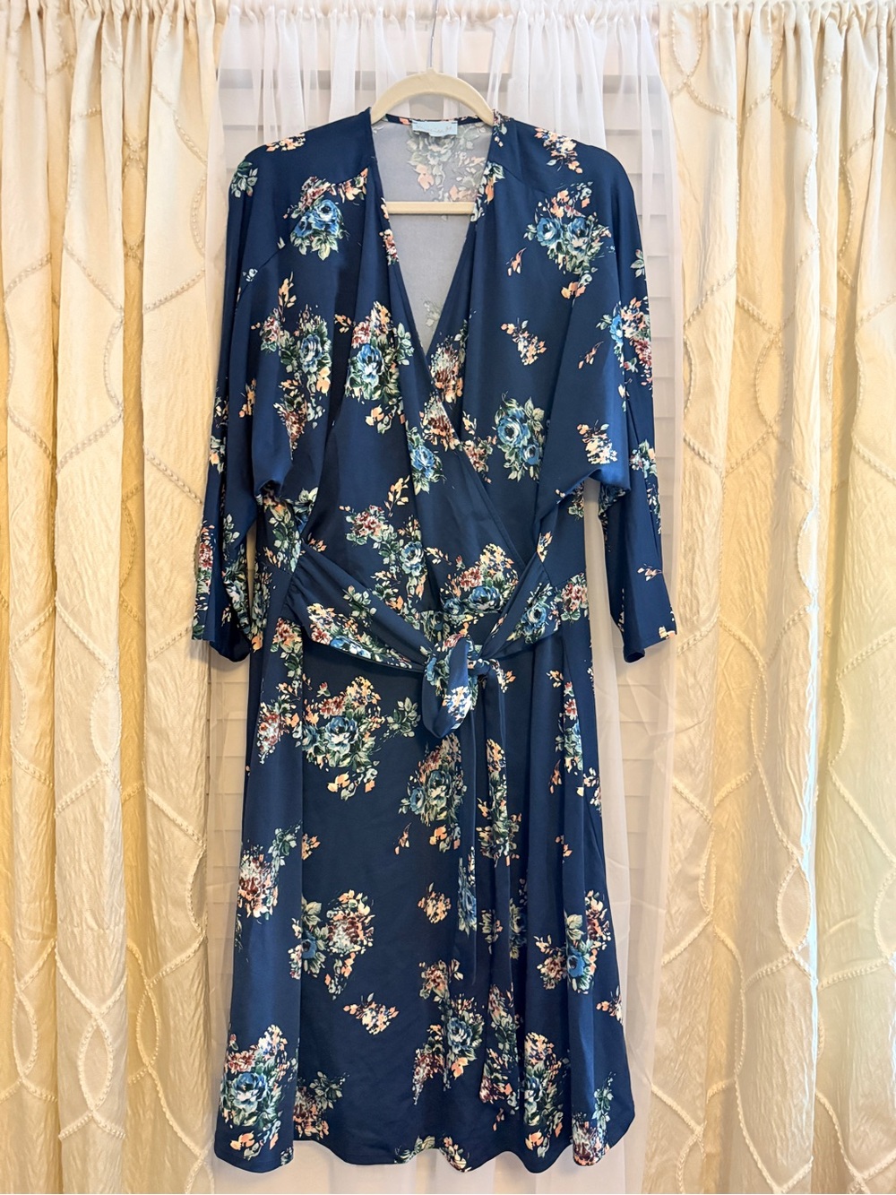 Veronica M Navy Floral Midi Wrap Dress with Tie
